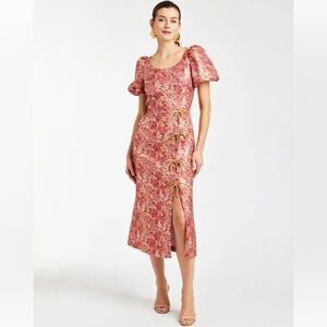 Mestiza Pia Puff Sleeve Metallic Floral Midi Dress NWT